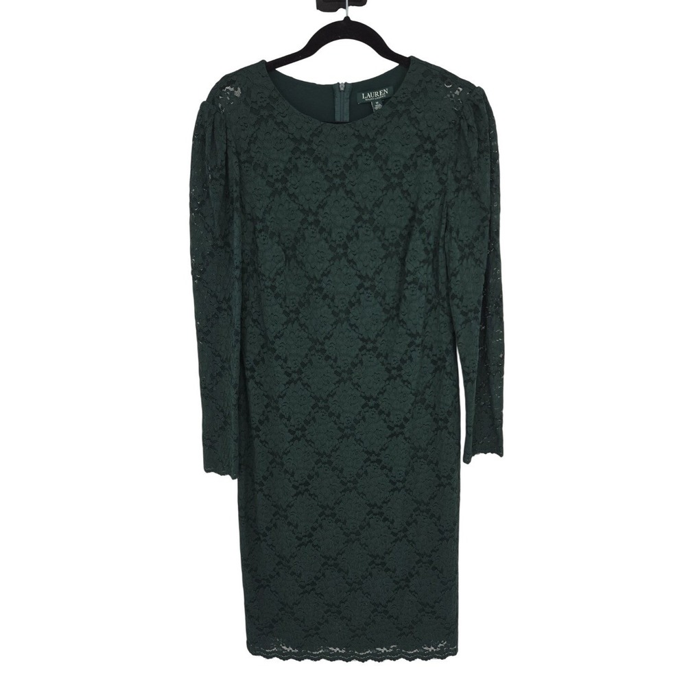 Lauren Ralph Lauren NWT Green Lace Sheath Size 12 Long Sleeve Formal Dress